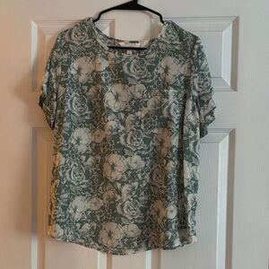 LC Lauren Conrad Green and Cream Floral Blouse
